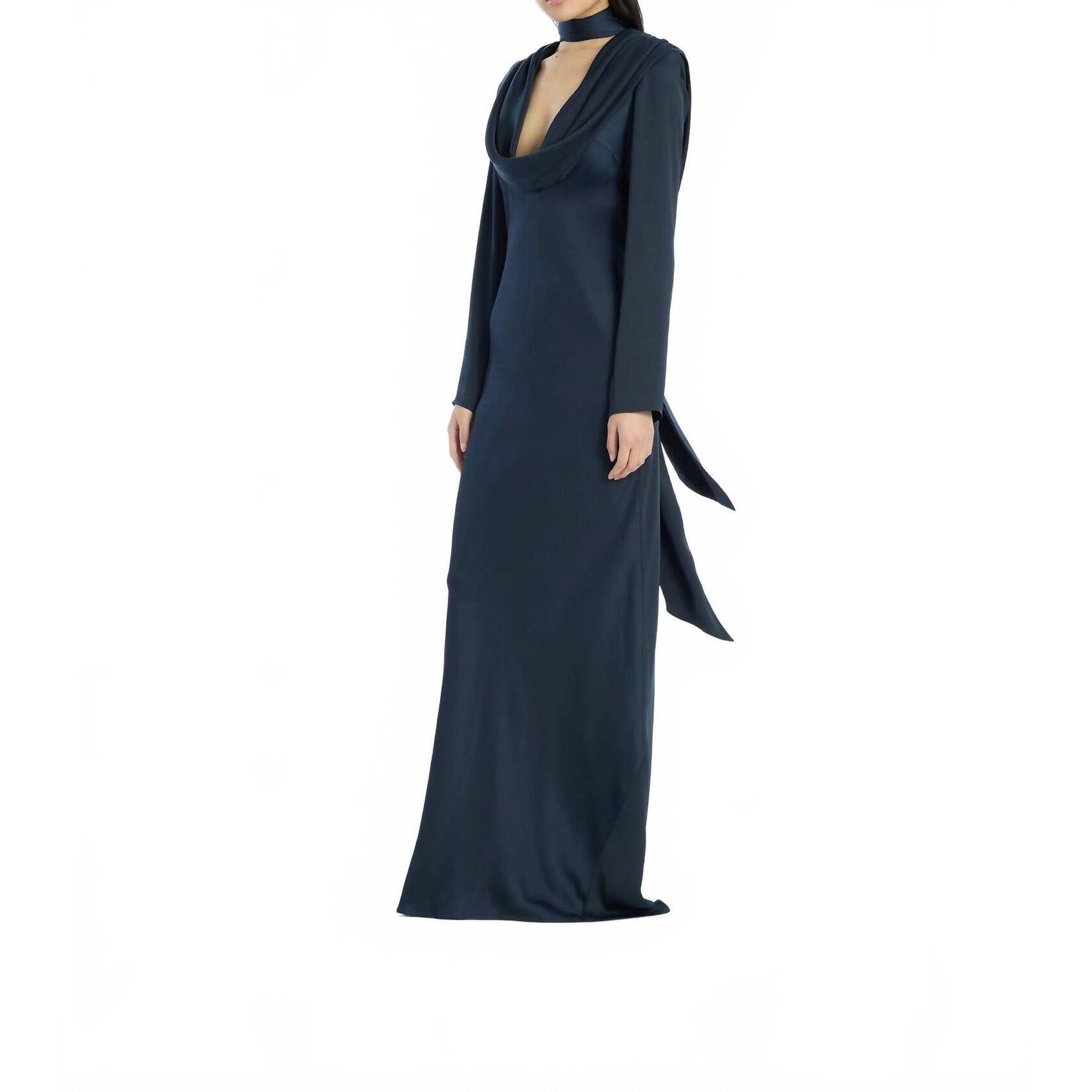 New Rotate Satin Maxi Drapy Dress In Sky Captain (Dark Blue)